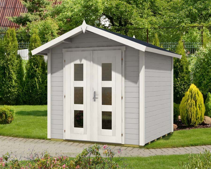 Ideal zum Lagern von Geräten: Im Gartenhaus Viva lässt sich dank Fensterlosigkeit der Platz ideal ausnutzen und die extrahohen Doppeltüren lassen genug Licht hinein.