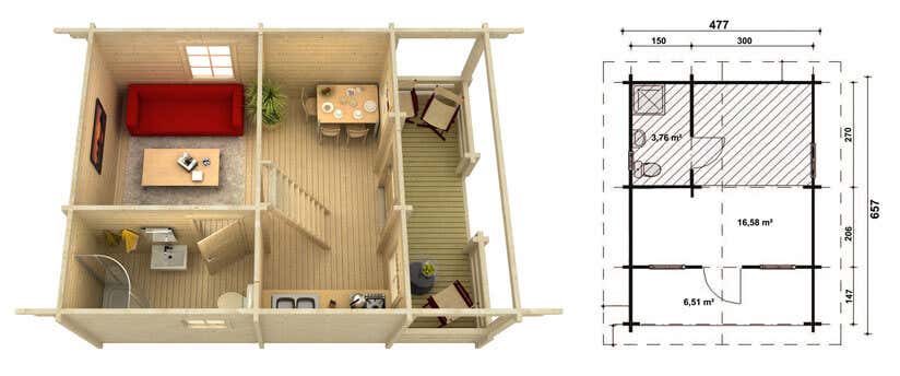 3D-Darstellung und Grundriss Gartenhaus Lillehammer