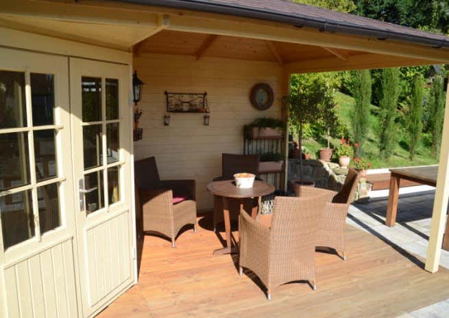 Kundenbild: 5-Eck Gartenhaus Modell Rhein-40 mit Anbau