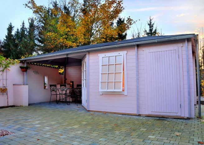Kundenbild: 5-Eck Gartenhaus Modell Rhein-40 mit Anbau