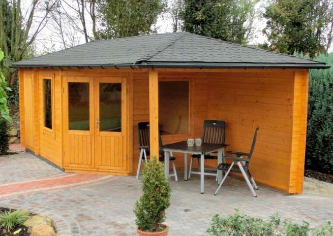 Kundenbild: 5-Eck Gartenhaus Modell Rhein-40 mit Anbau