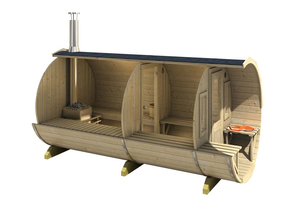 2-Raum Fass-Sauna Modell Max mit Harvia Holz Ofen 2-Raum Fass-Sauna Modell Max mit Harvia Holz Ofen