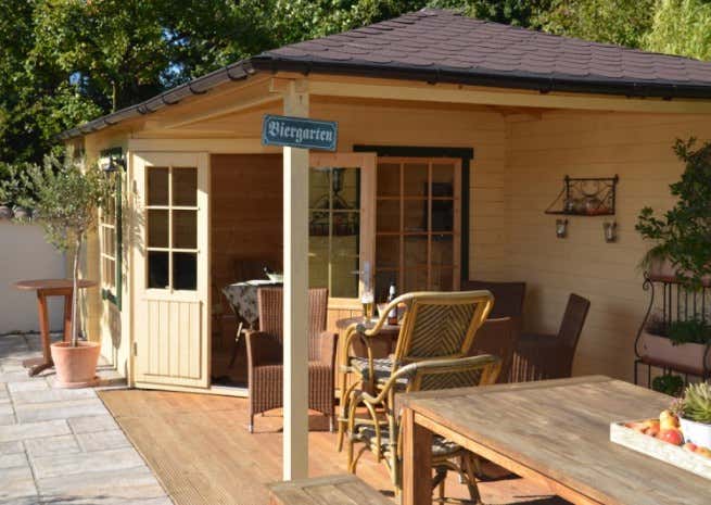 Kundenbild: 5-Eck Gartenhaus Modell Rhein-40 mit Anbau