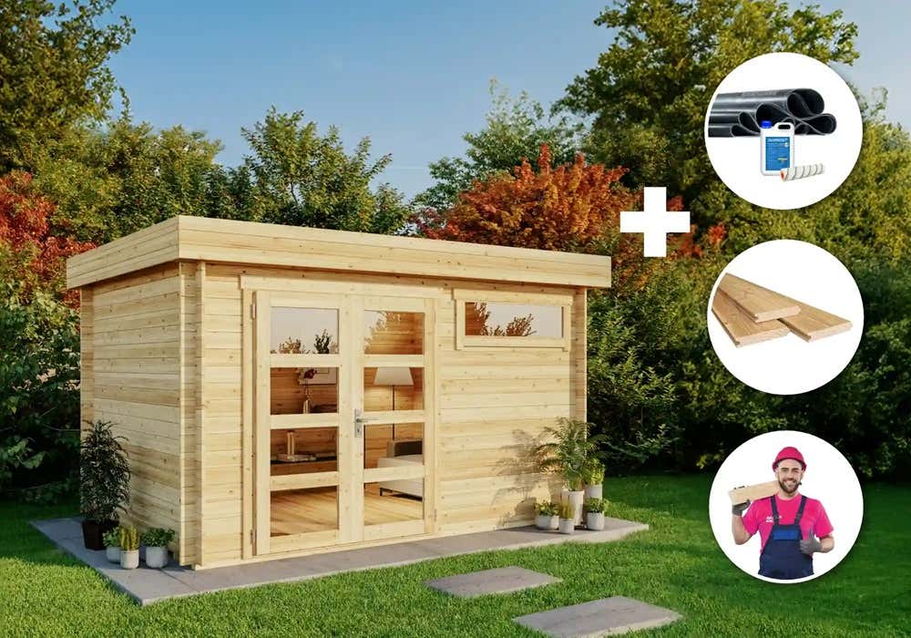 Premium Set Gartenhaus Leandro 9m² Flachdach inkl. Montage