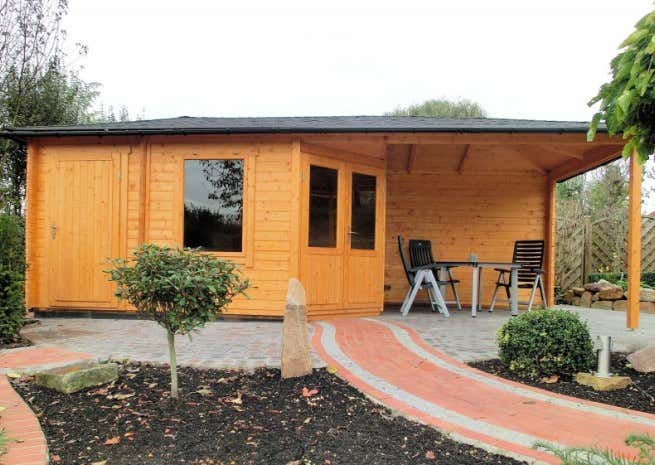 Kundenbild: 5-Eck Gartenhaus Modell Rhein-40 mit Anbau