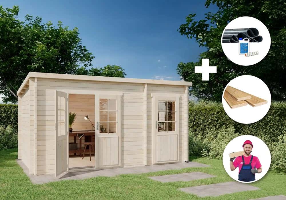 Premium Set Gartenhaus Maria 9,8m² mit Anbau inkl. Montage