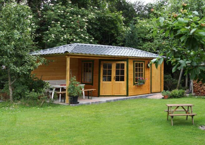 Kundenbild: 5-Eck Gartenhaus Modell Rhein-40 mit Anbau